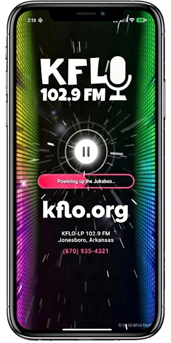 Preview of the KFLO mobile app interface showing the player screen